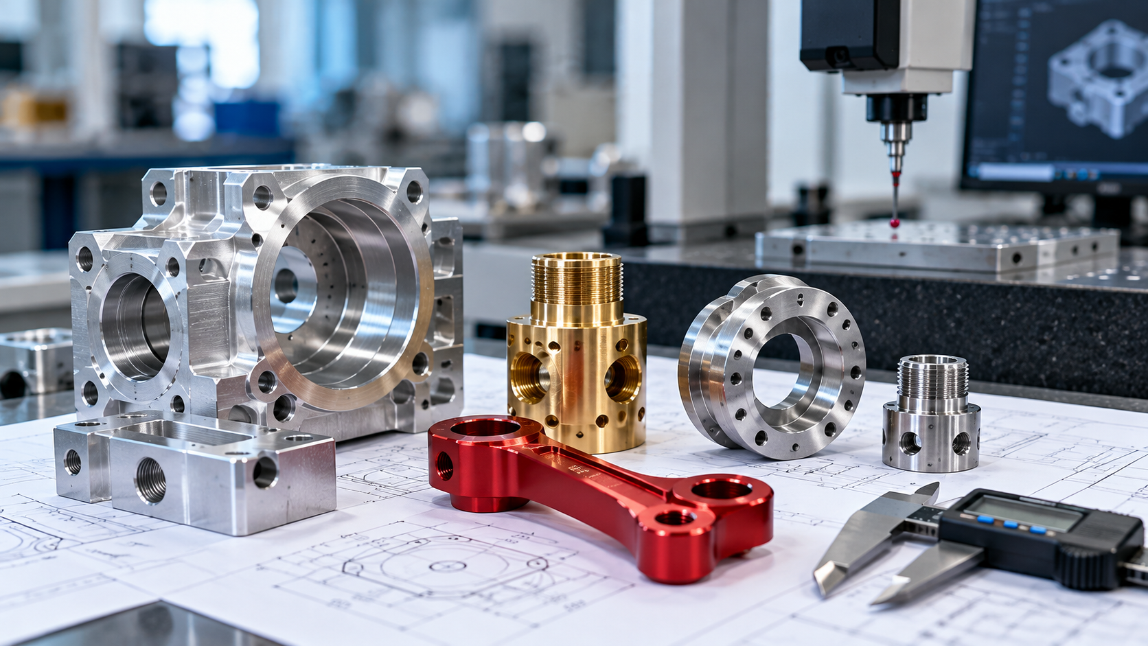 CNC machined parts being checked with CMM and precision measurement equipment